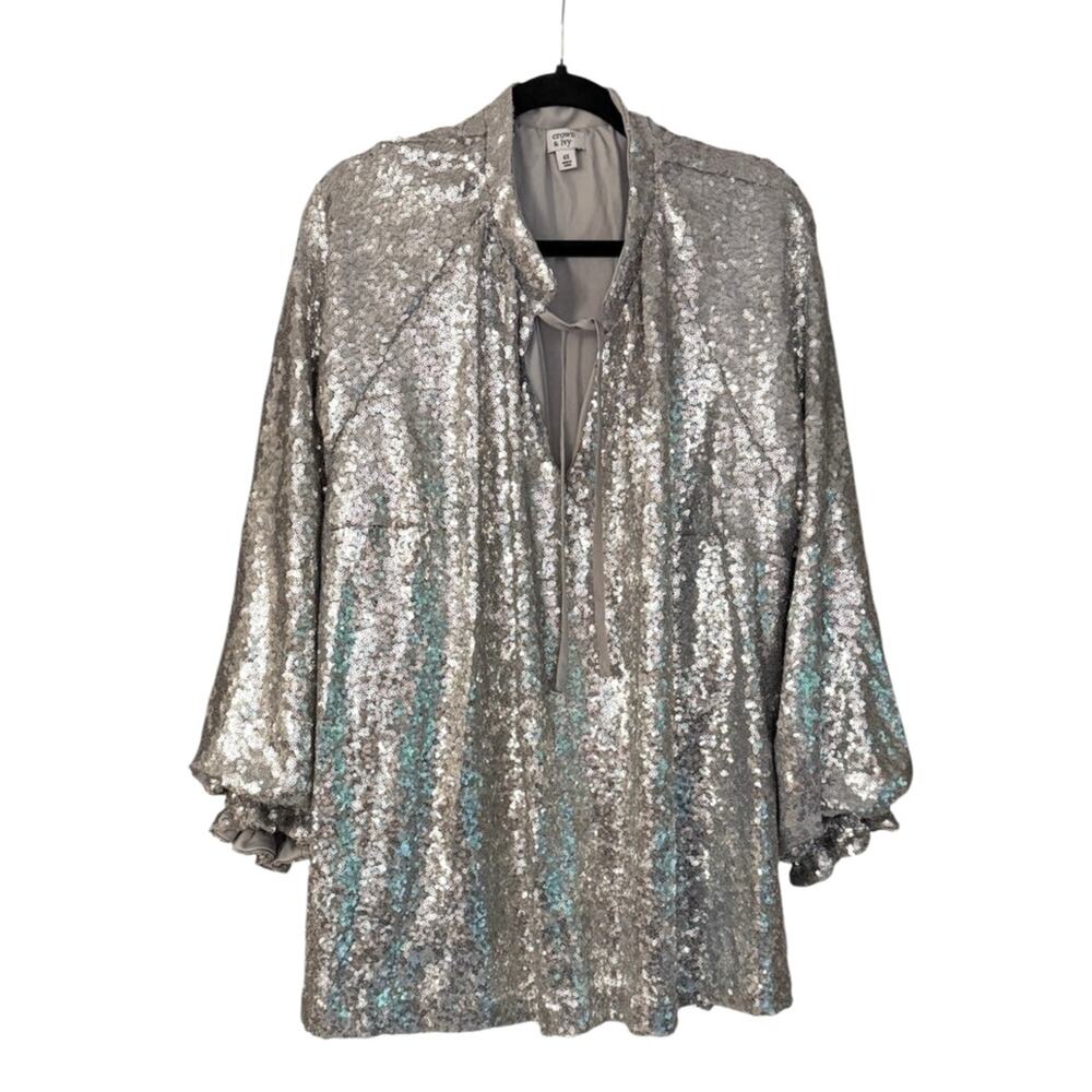 Crown & Ivy Silver Sequin Blouse 4X Lined Party Top Ruched Sleeve Sparkle Glam
